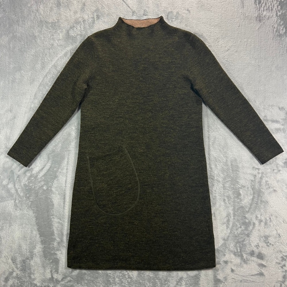 Yinger Sweater Dress Womens 38 Olive Wool Camel Hair Blend Mock Neck Pocket Soft